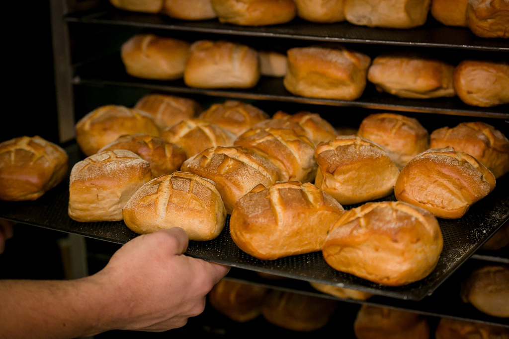 Blech mit Brötchen beim in den Ofenschieben